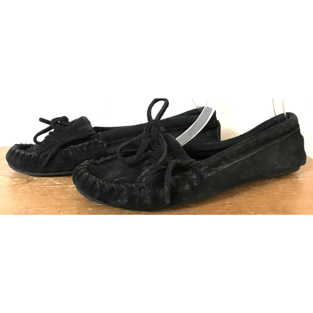 Vintage Style Minnetonka Kilty Black Suede Moccasins Moc Loafers 10 Womens